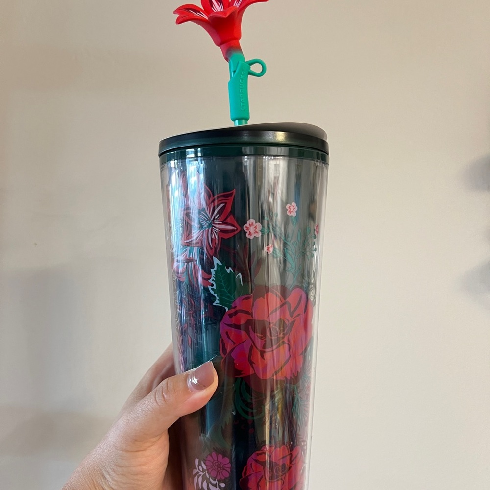 Starbucks Floral Tumbler with Red and Green Design with Matching Straw Charm